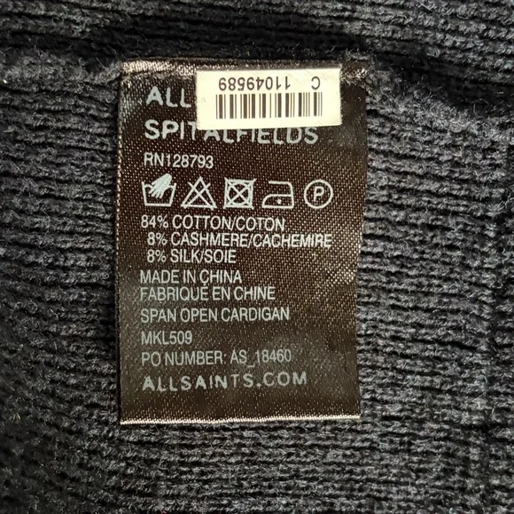 All Saints Dark Navy Open Front Cotton Cashmere Blend Sweater Size Medium EUC - Picture 4 of 5